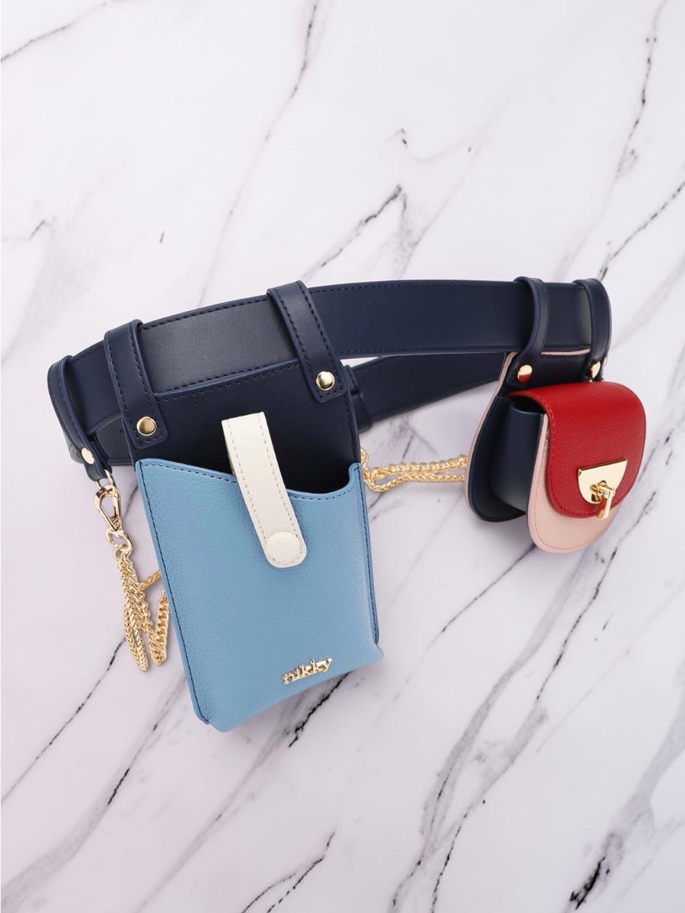 NIKKY 2-Piece Belt Bag Convertible Waist Bag Navy Blue Red Pink Gold Chain